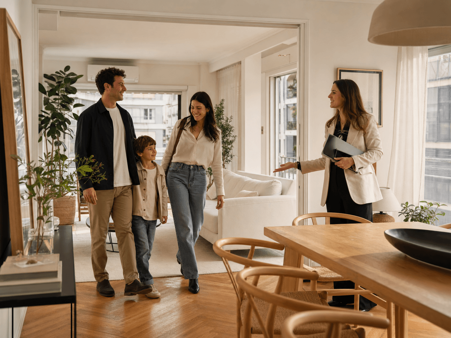 Familia recorriendo una casa cálida junto a una asesora inmobiliaria