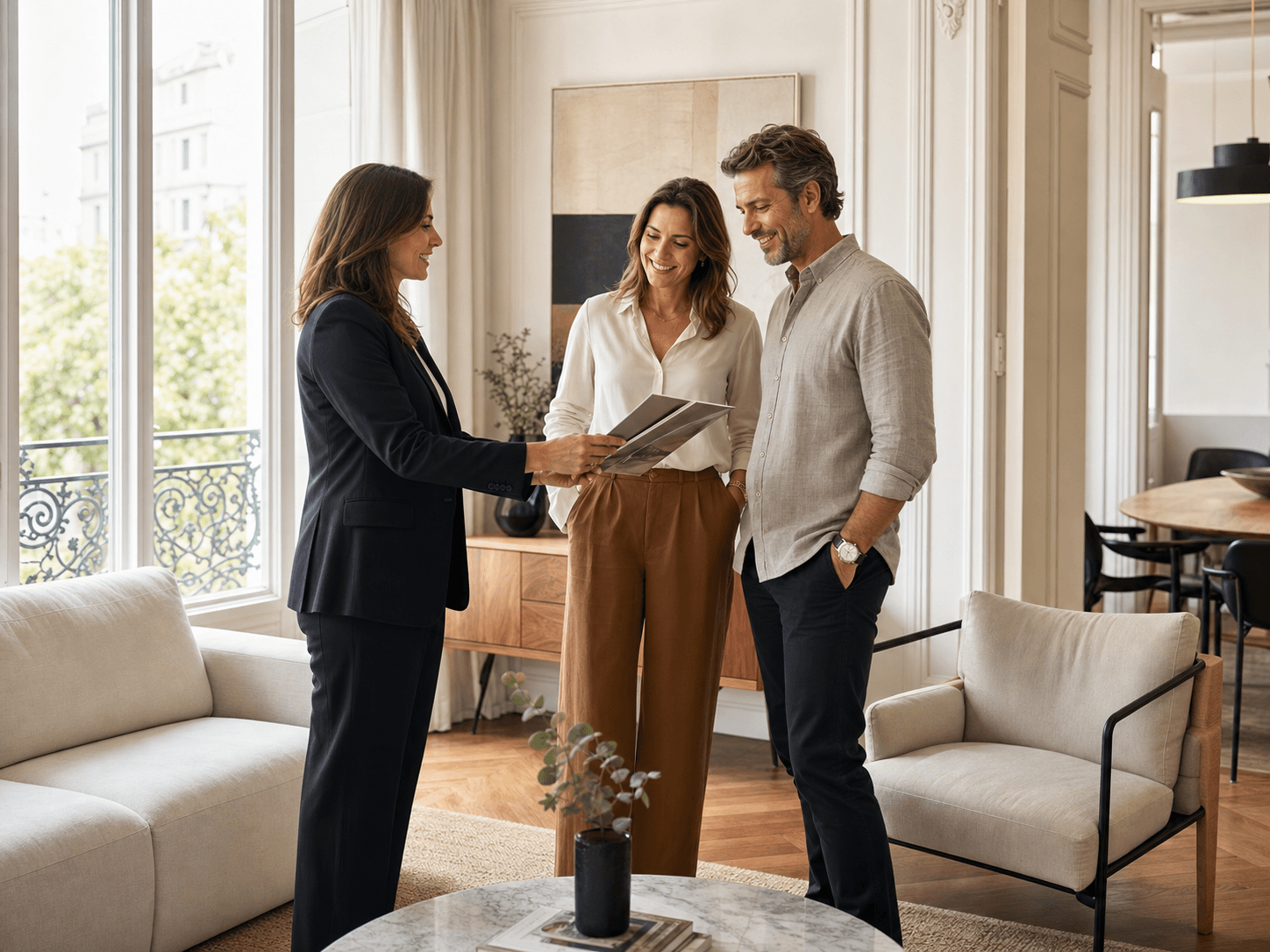 Asesora inmobiliaria conversando con una pareja en un living luminoso